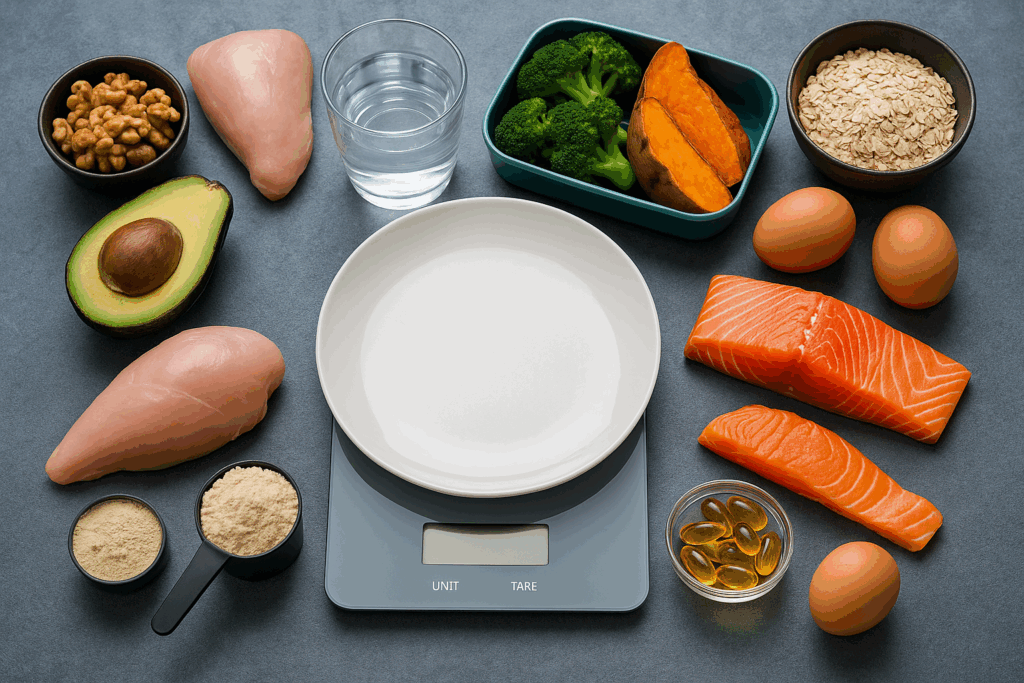 Healthy foods for building a toned physique male, including salmon, eggs, chicken, oats, avocado, and supplements on a digital scale.