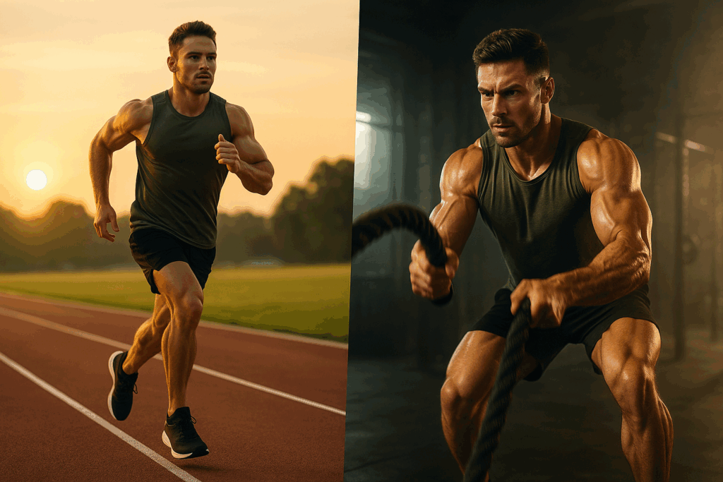 Toned physique male alternating between outdoor running and indoor battle rope HIIT to build endurance and explosive strength.