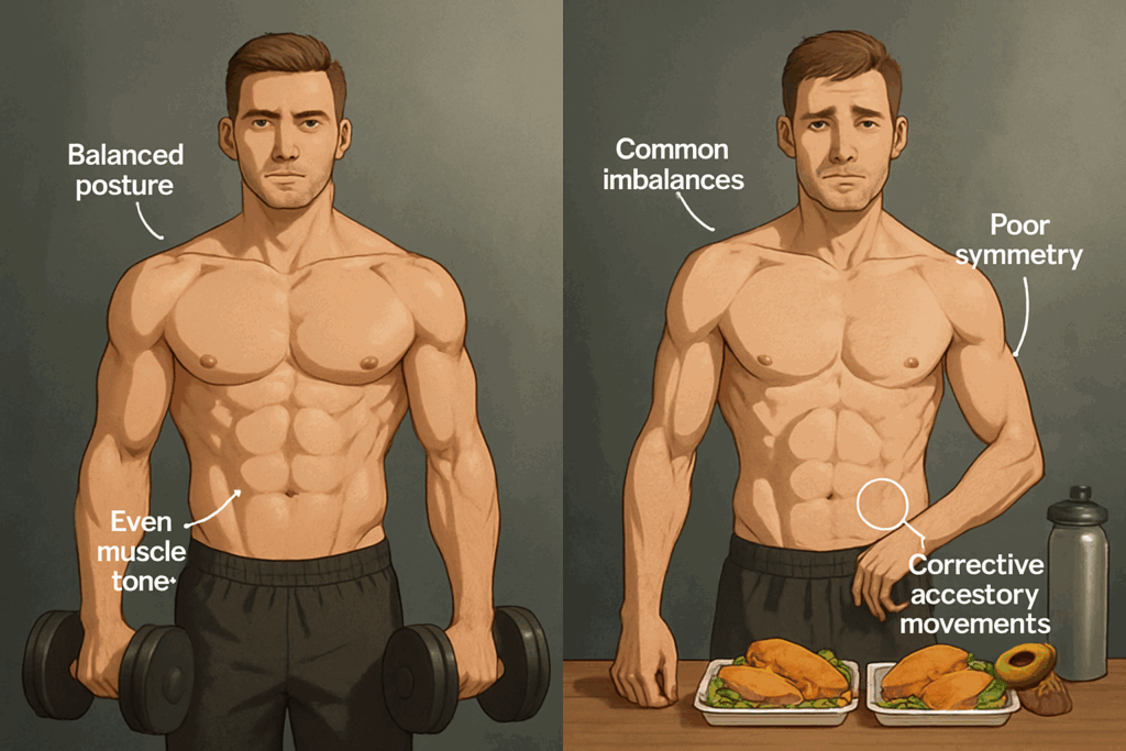 Side-by-side illustration of a toned physique male with balanced muscle symmetry versus common imbalances, highlighting posture and form.