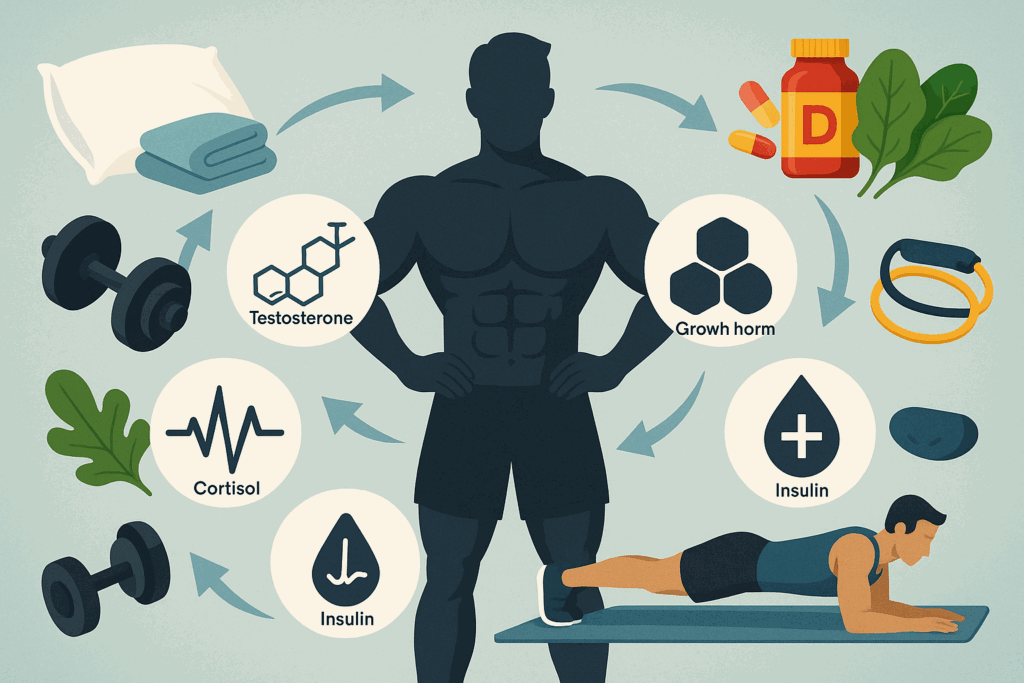 Infographic showing hormone balance and lifestyle habits supporting a toned physique male, with icons for training, sleep, and nutrition.