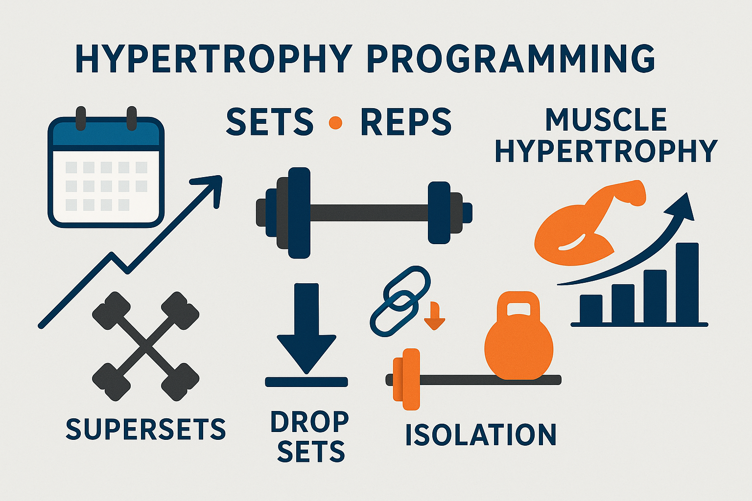 Infographic illustrating hypertrophy programming for a toned physique male with sets, reps, supersets, and isolation icons.