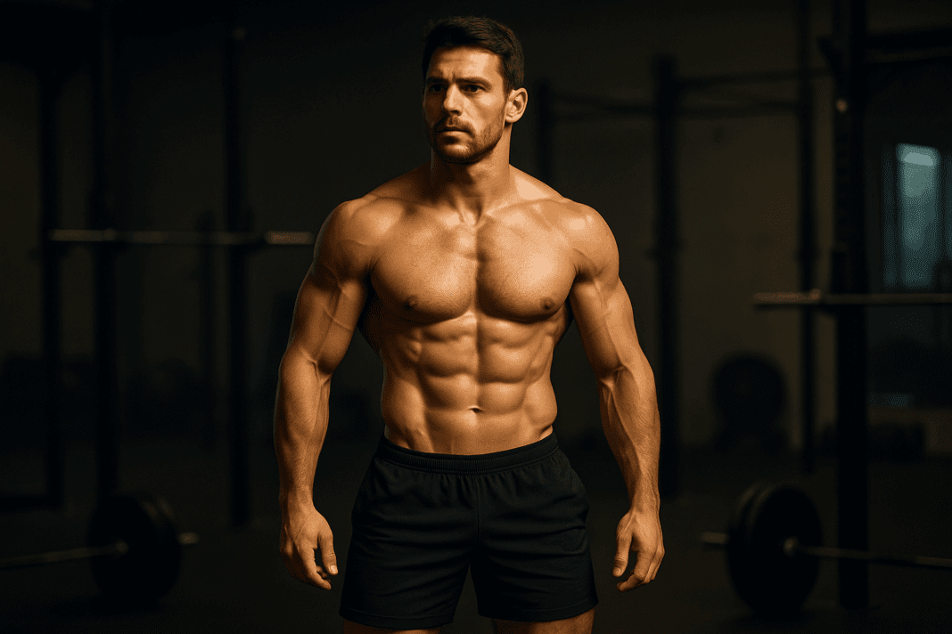 Shirtless athletic man with defined V-taper physique in gym with barbells and squat rack, illustrating perfect body men.