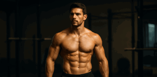 Shirtless athletic man with defined V-taper physique in gym with barbells and squat rack, illustrating perfect body men.