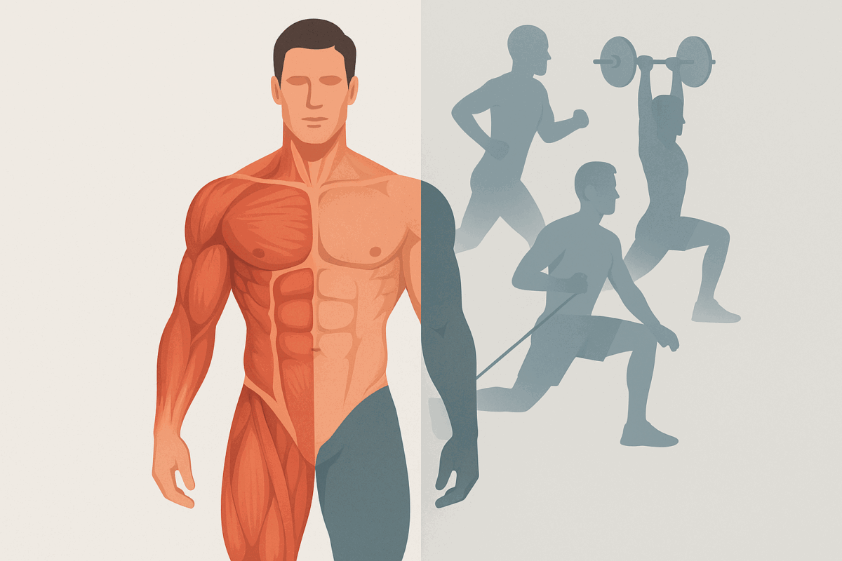 Split illustration of a male body showing muscular definition on one side and athletic performance silhouettes on the other, representing perfect body men.