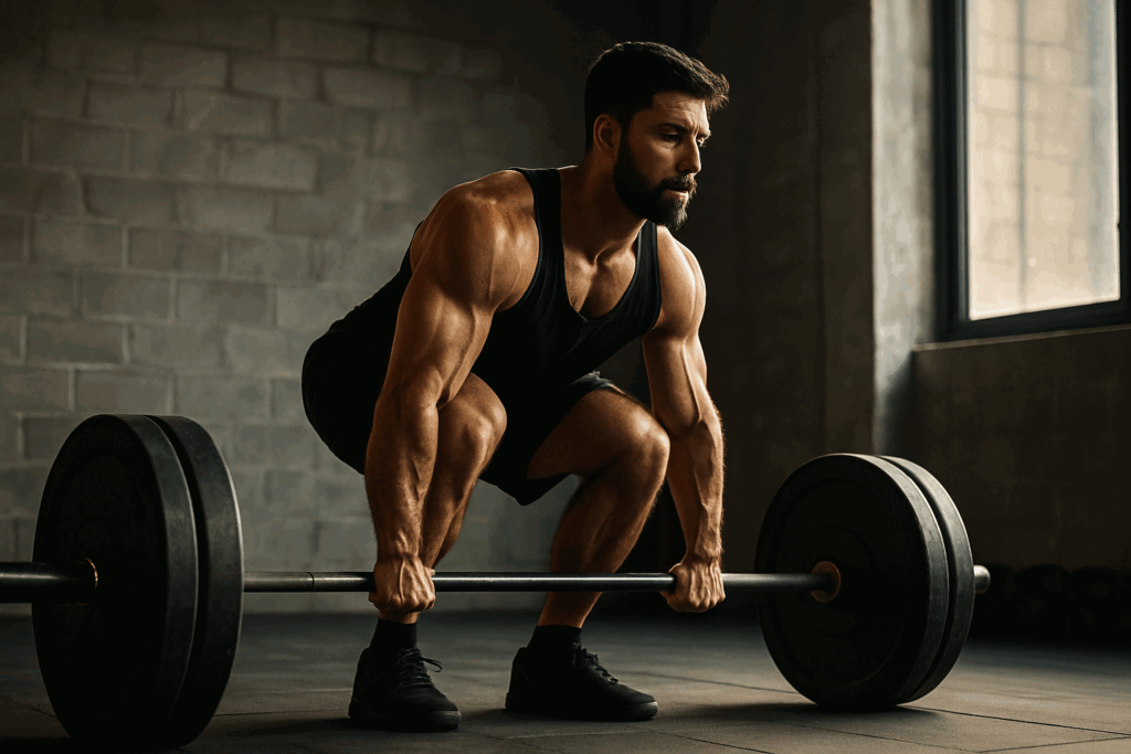 Muscular man performing a heavy deadlift with full-body engagement in a gritty gym, representing strength goals for perfect body men.