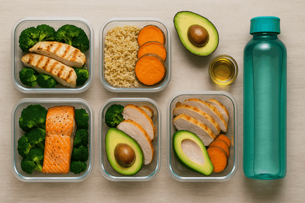 Balanced meal prep with lean proteins, healthy fats, and hydration designed to support perfect body men nutrition goals.