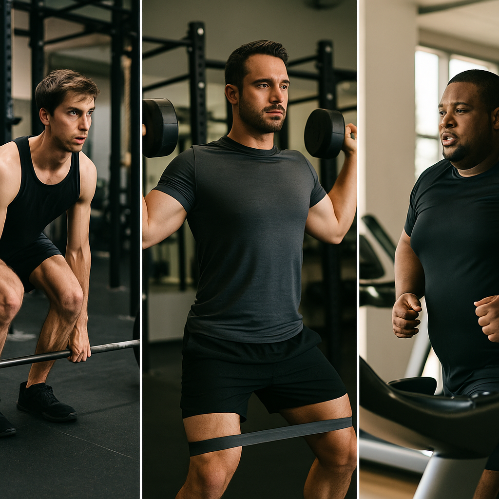 Three perfect body men with distinct physiques—ectomorph, mesomorph, endomorph—performing tailored gym workouts.