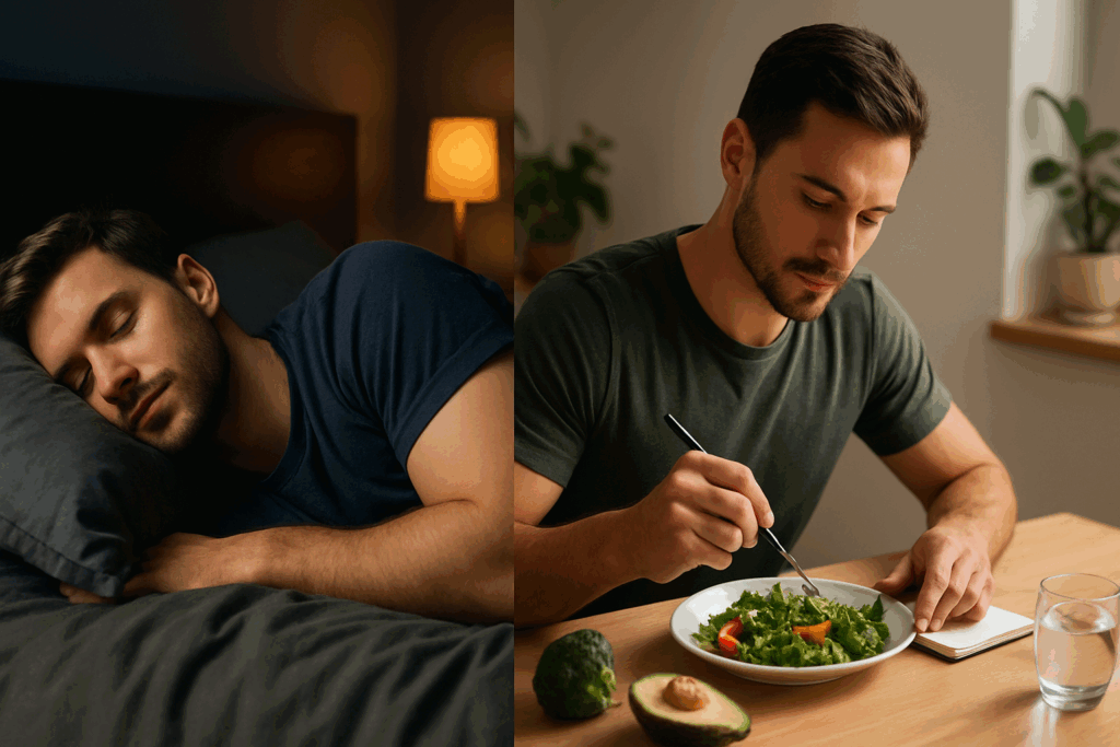 Man sleeping peacefully and later eating a healthy meal, illustrating lifestyle habits that help build the perfect body men strive for.