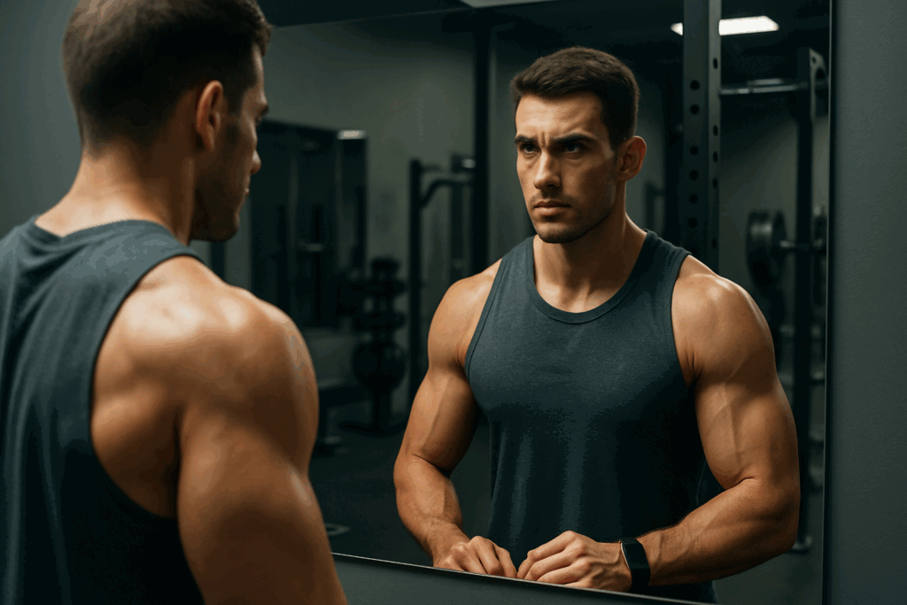 Athletic man with confident posture reflecting on self-image in a gym mirror, symbolizing mental strength and the perfect body men strive for.