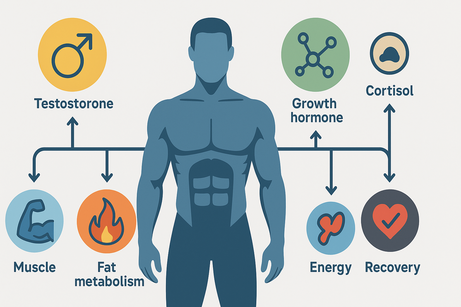 Infographic showing hormone effects on muscle, fat burn, energy, and recovery for building the perfect body men strive for.