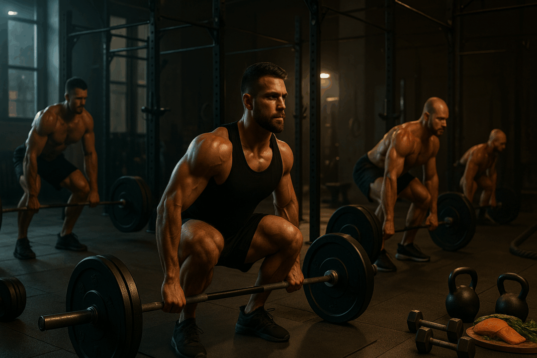 The Ultimate Strength Guide for Guys with Fit Bodies to Build Muscle and Boost Performance_01 Three guys with fit bodies performing deadlifts and squats in a modern gym under dramatic lighting.