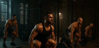 The Ultimate Strength Guide for Guys with Fit Bodies to Build Muscle and Boost Performance Three guys with fit bodies performing deadlifts and squats in a modern gym under dramatic lighting.