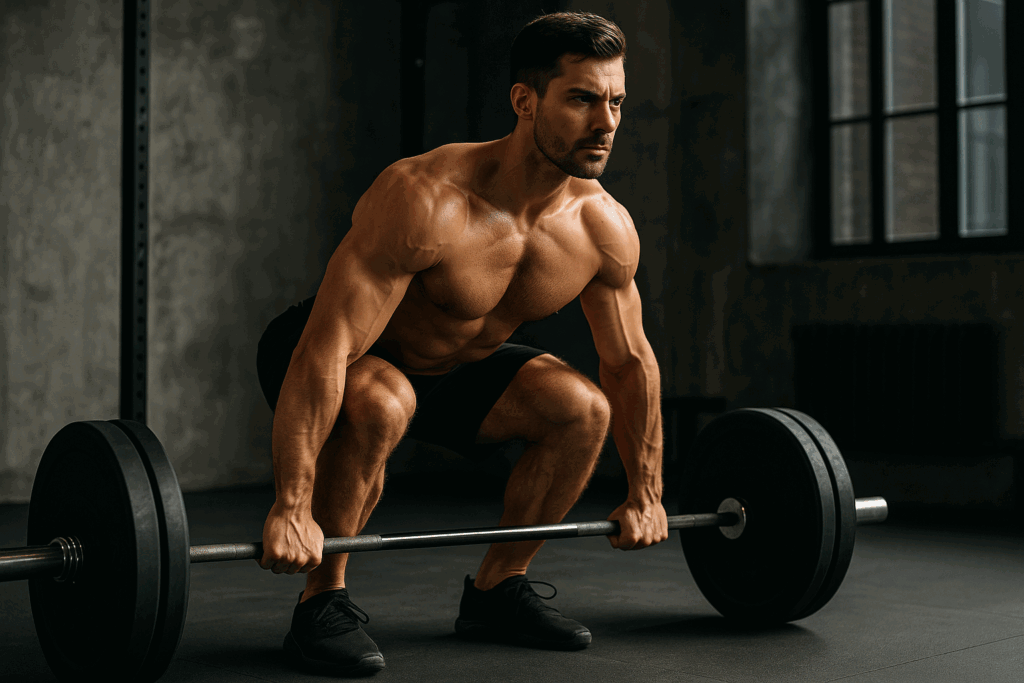 Shirtless man with defined muscles performing a barbell deadlift in an industrial gym, representing guys with fit bodies.