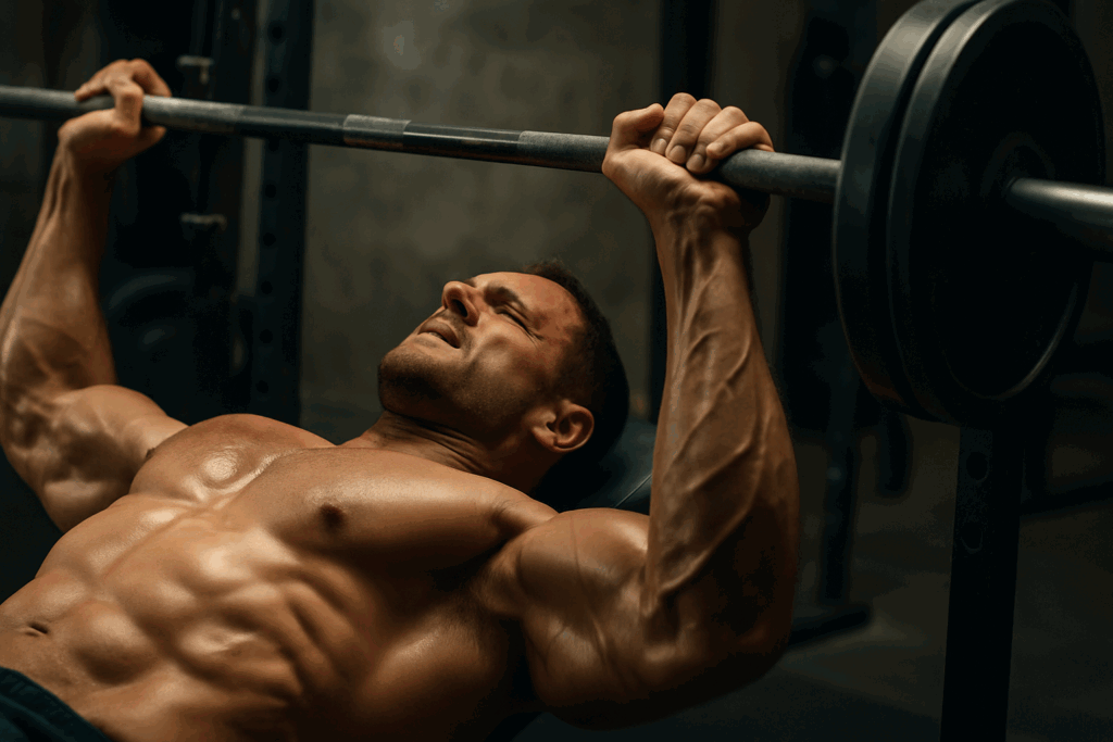 Close-up of a muscular man bench pressing heavy weight, showing arm and chest definition typical of guys with fit bodies.