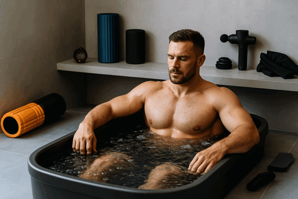 One of several guys with fit bodies relaxing in an ice bath post-workout, surrounded by foam rollers and recovery gear.