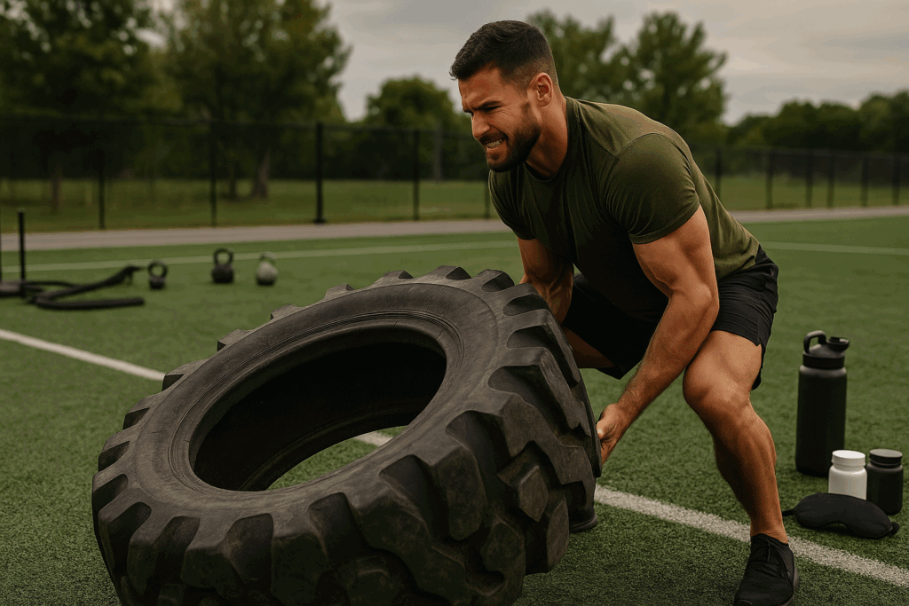 Athletic man flipping a large tire on a turf field with functional training tools, representing outdoor workouts for guys with fit bodies.