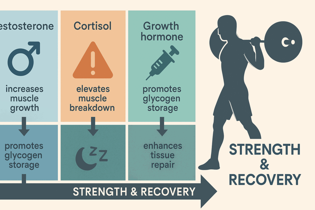 Infographic showing how hormones affect strength and recovery in guys with fit bodies, featuring icons for testosterone, cortisol, insulin, and growth hormone.