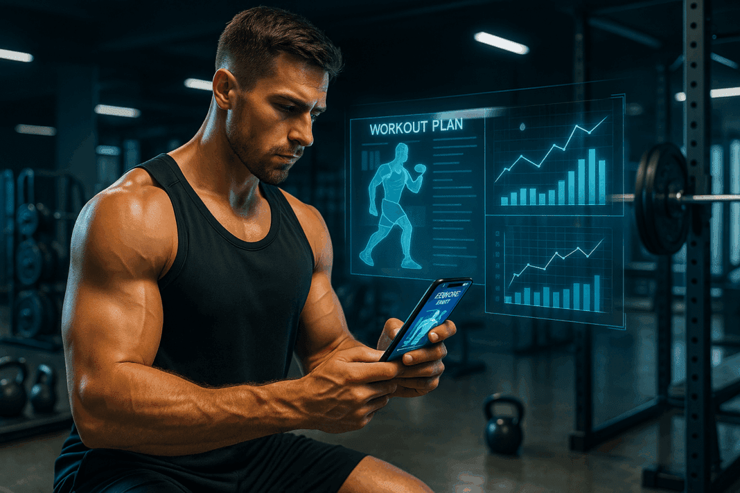 The Ultimate Strength Guide to Choosing the Best Mens Workout App for Total Fitness Results_01 Athletic man checking mens workout app on smartphone with holographic workout plans and charts in a modern gym.