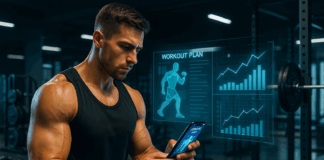 Athletic man checking mens workout app on smartphone with holographic workout plans and charts in a modern gym.