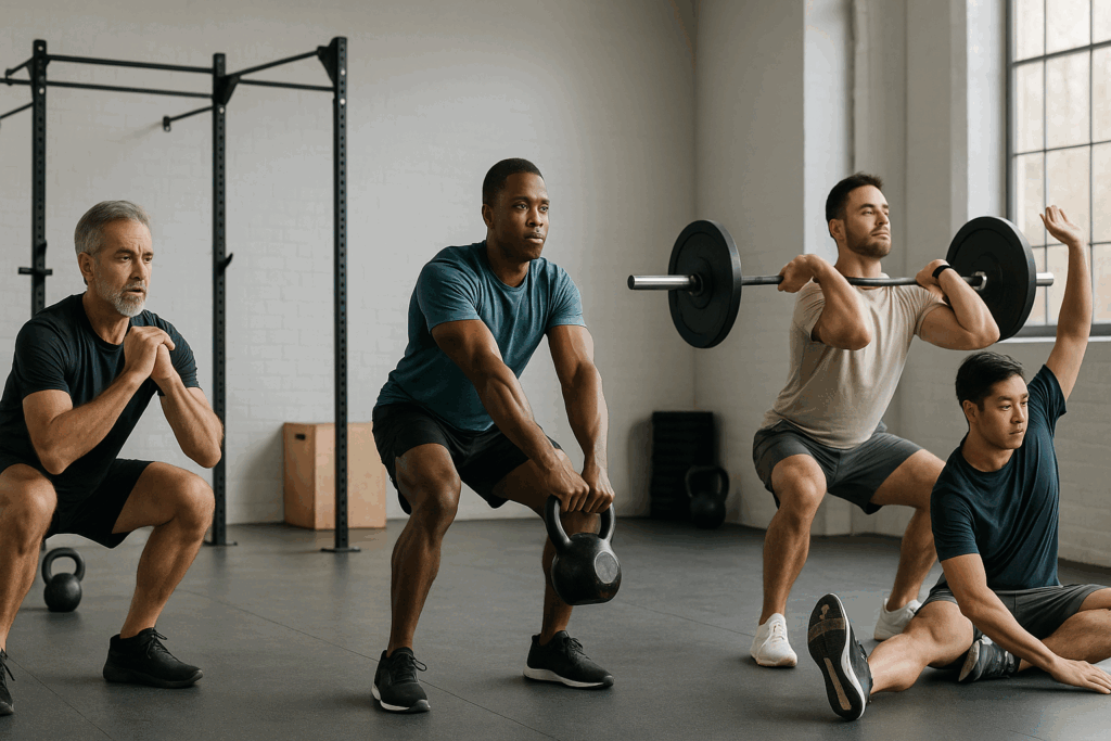Diverse group of men performing strength exercises in a modern gym, representing routines featured in a mens workout app.
