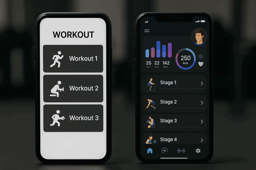 Split-screen comparison of an outdated interface and a modern mens workout app with sleek design and fitness tracking features.