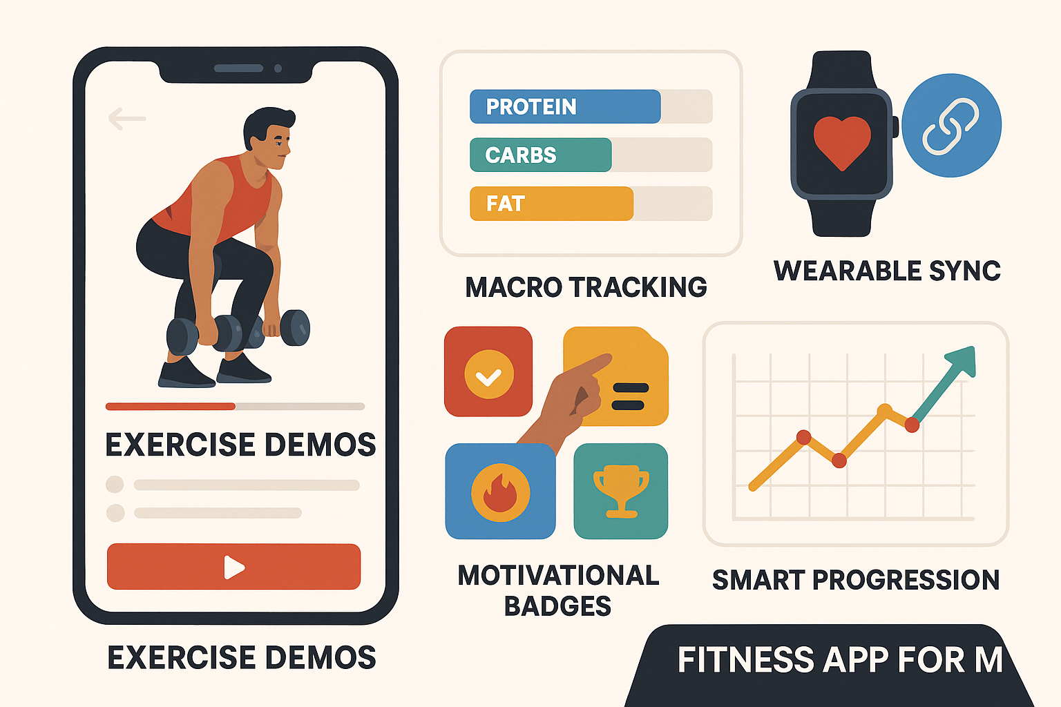Infographic displaying top features of a mens workout app including exercise demos, macro tracking, wearables, and progress tracking.