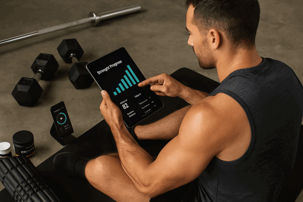 Man reviewing progress on a mens workout app with bar graphs and readiness stats on a tablet in a gym with weights and a mat.