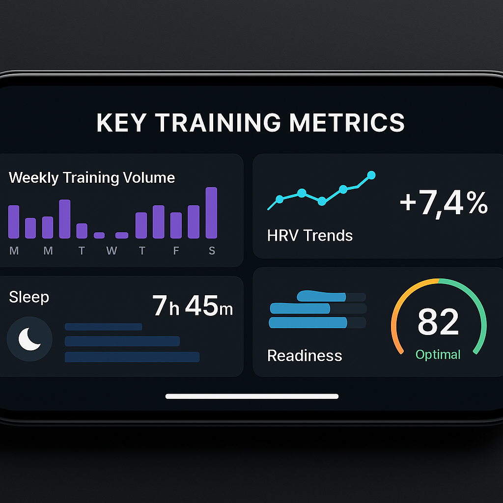 Mobile dashboard interface showing training volume, HRV, sleep, and readiness metrics from a mens workout app.