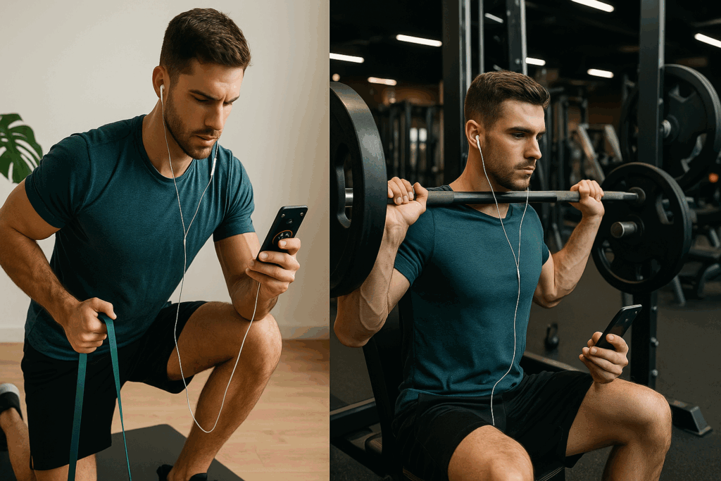 Man using a mens workout app while training with resistance bands at home and barbells at the gym in a split-scene layout.
