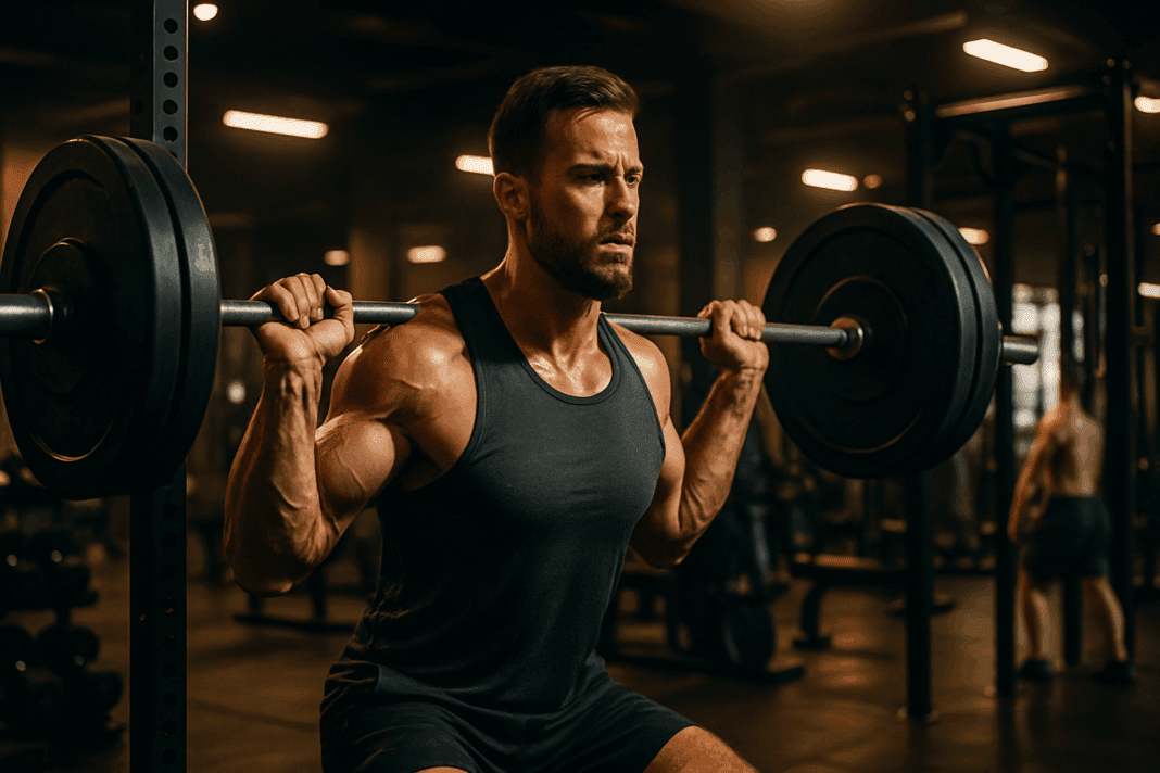 Muscular man performing barbell squats in a bright, sunlit gym, inspiring viewers to go to the gym for strength and discipline.