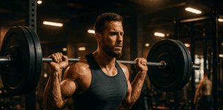 Muscular man performing barbell squats in a bright, sunlit gym, inspiring viewers to go to the gym for strength and discipline.