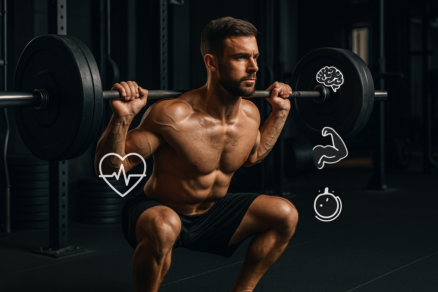 Fit man performing a barbell squat in a gym with icons representing health benefits, encouraging men to go to the gym.