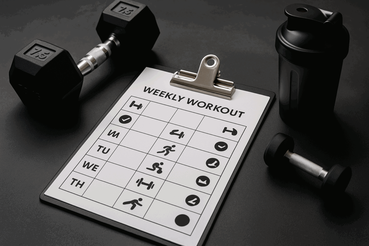 Weekly workout planner on a clipboard beside dumbbells and a protein shaker, inspiring men to go to the gym with structure and balance.