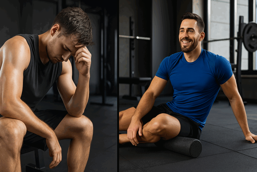 Side-by-side of two men who go to the gym, one exhausted from overtraining and one energized while foam rolling for recovery.