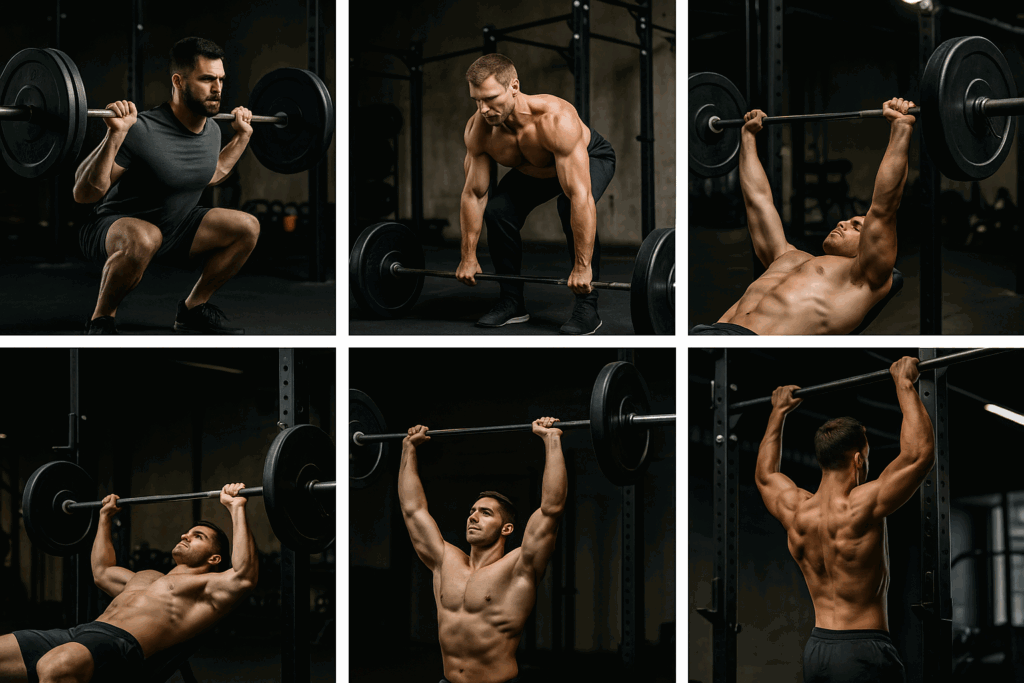 Men demonstrating compound lifts like squats, deadlifts, and pull-ups in a gym, showing how to go to the gym for strength training.