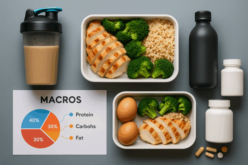 Meal prep with chicken, brown rice, eggs, protein shake, supplements, and macro chart for those who go to the gym and train for strength.