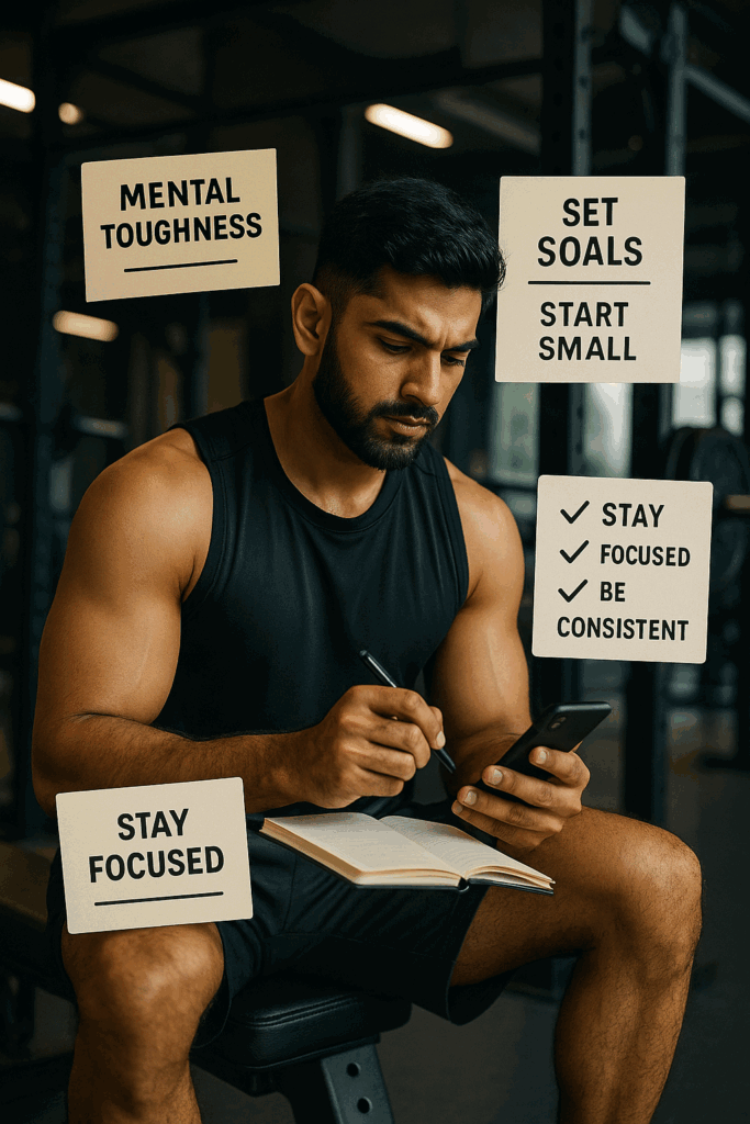 Man in gym wear journaling and using a fitness app to stay motivated and consistent as he prepares to go to the gym.
