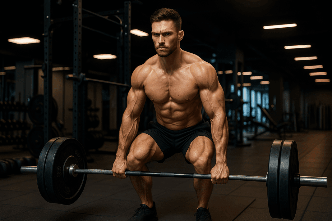 The Ultimate Strength Plan for Sculpting Powerful Men Physiques_01 Muscular man demonstrating peak men physiques while deadlifting a heavy barbell in a sleek, modern gym with clear lighting.