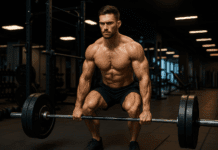 The Ultimate Strength Plan for Sculpting Powerful Men Physiques Muscular man demonstrating peak men physiques while deadlifting a heavy barbell in a sleek, modern gym with clear lighting.