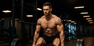 The Ultimate Strength Plan for Sculpting Powerful Men Physiques Muscular man demonstrating peak men physiques while deadlifting a heavy barbell in a sleek, modern gym with clear lighting.