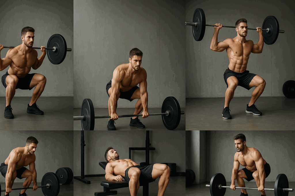 Fit man demonstrating the Big Five lifts in a minimalist gym, highlighting core strength and men physiques in proper form.