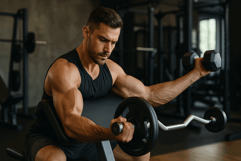 Muscular man performing preacher curls and lateral raises to develop balanced men physiques through hypertrophy training.