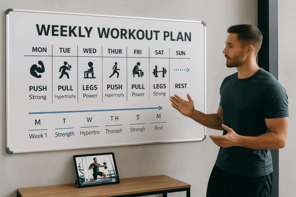 Fitness coach explaining weekly split workout plan on a whiteboard to improve training balance and develop men physiques.