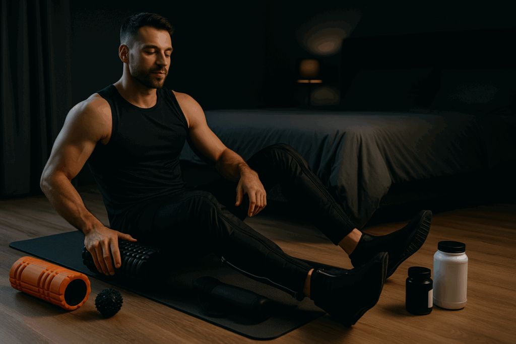 Muscular man using foam rollers and compression boots in a dim recovery room, highlighting advanced recovery for men physiques.