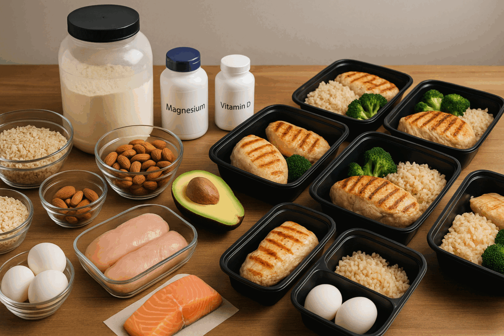 Meal prep with chicken, eggs, rice, avocado, and supplements arranged in containers to support lean men physiques and muscle development.