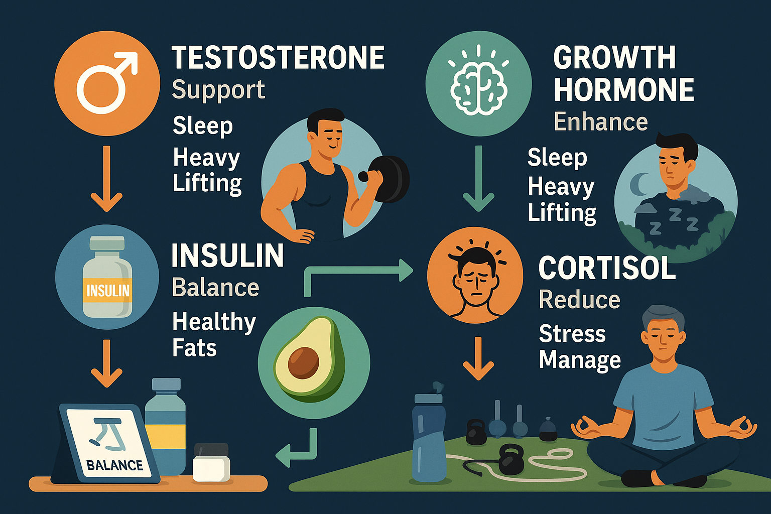 Infographic showing hormone strategies that influence men physiques, including sleep, lifting, nutrition, and stress management techniques.