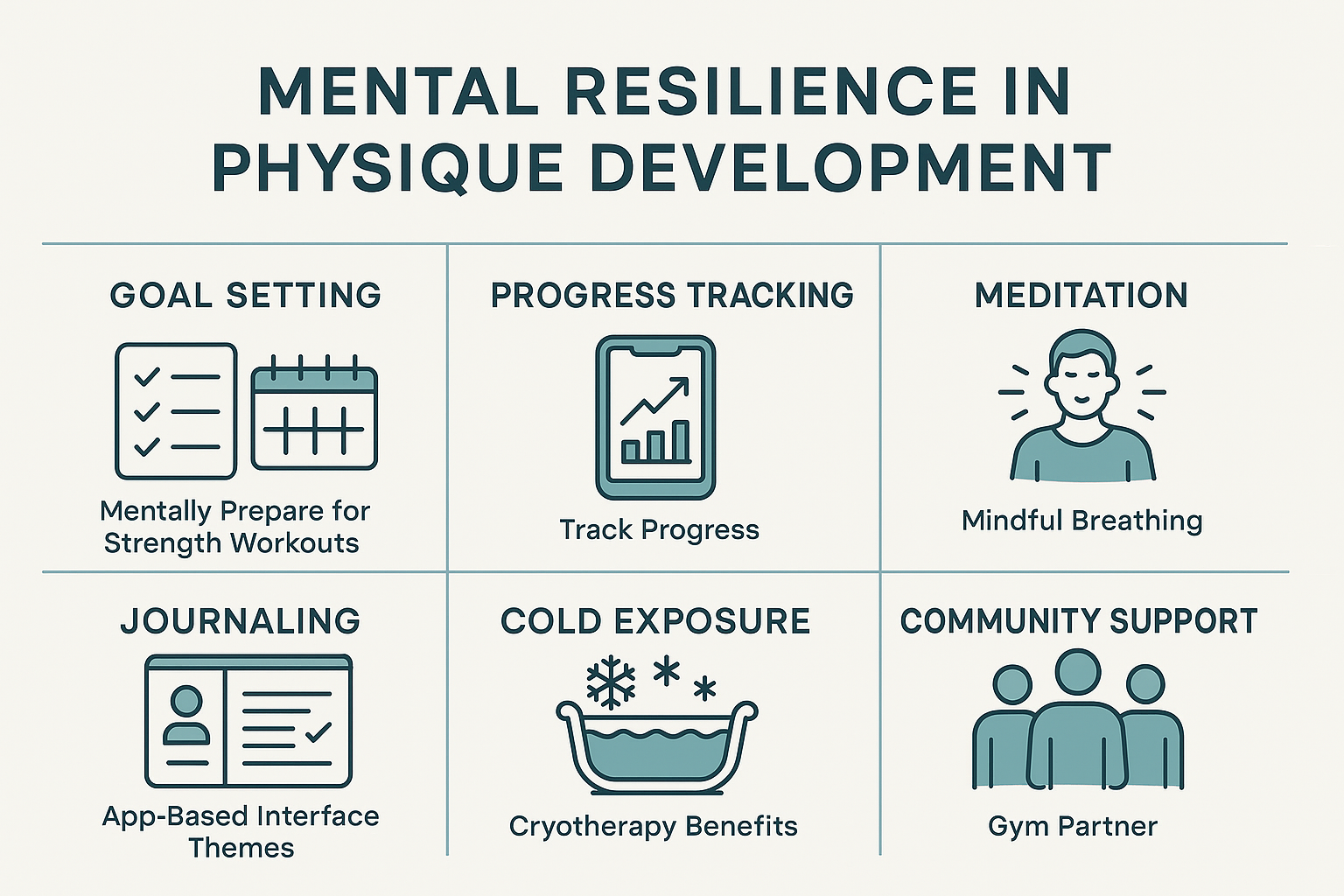 Infographic highlighting mindset strategies that support elite men physiques, including goal setting, journaling, cold exposure, and community support.