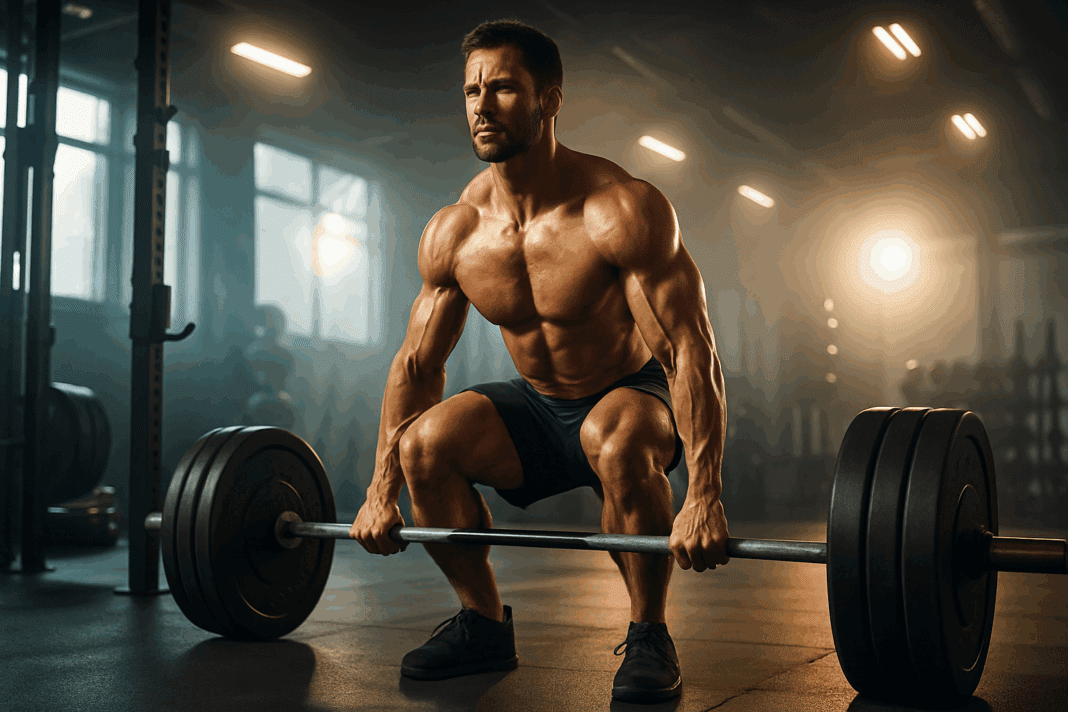 The Ultimate Strength Plan to Crush Fitness Goals for Men and Build Lasting Power_01 Muscular man deadlifting heavy barbell in modern gym under dramatic lighting for fitness goals for men.