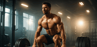 The Ultimate Strength Plan to Crush Fitness Goals for Men and Build Lasting Power Muscular man deadlifting heavy barbell in modern gym under dramatic lighting for fitness goals for men.