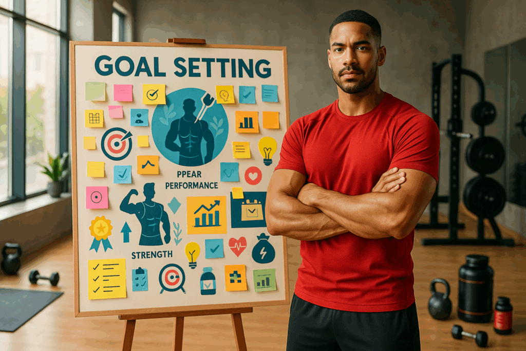 Confident man in a gym standing beside a colorful board visually representing SMART fitness goals for men with motivational elements.